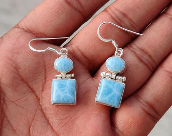 Larimar Dangle Earrings, 925 Sterling Silver Jewelry, Handmade Blue Gemstone Drop, Gift For Her