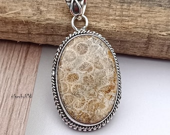 Handmade Fossil Coral 925 Sterling Silver Pendant: Boho Oval Necklace