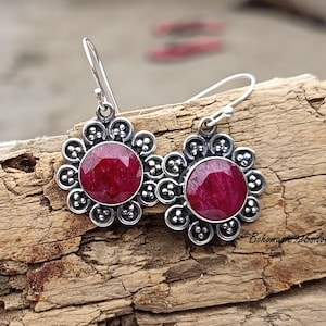 Round Designer Ruby Earring-925 Sterling Silver-Handmade Earring-Ruby Jewelry-Gemstone Earring-Stud Earring-Women Silver Earring For Gift