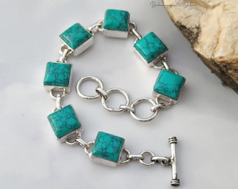 Handmade Turquoise Sterling Silver Toggle Bracelet: Boho Gemstone Jewelry