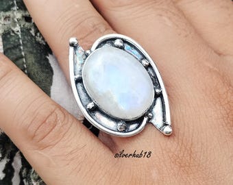 Bague Pierre De Lune Couleur Argent - Style Bohémien Magique, Taille 51 - Occasion état Neuf