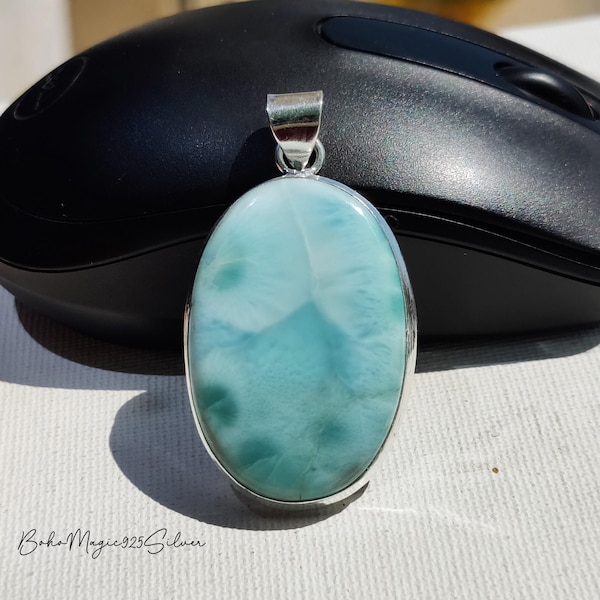 Handmade Larimar Pendant: Oval 925 Sterling Silver Bohemian Necklace