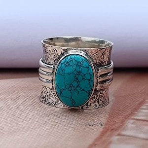 Turquoise Silver Ring&quot; 925 Sterling Silver Ring&quot; Silver Wide Band Ring&quot; Blue Turquoise Ring&quot; Promise Ring&quot; Boho Ring&quot; Silver Chunky Ring&quot;&quot;&quot;