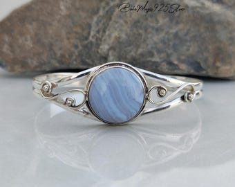 Handmade Blue Lace Agate Bangle 925 Sterling Silver Jewelry Delicate Swirl Filigree Bracelet Unique Healing Crystal Gift