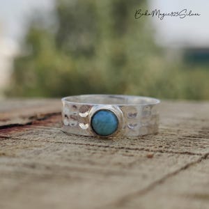 Natural Larimar Ring / 925 Sterling Silver Hammered Band Ring / Handmade Jewelry / Women Ring / Larimar Gemstone Jewelry / Gift Ring For Mom