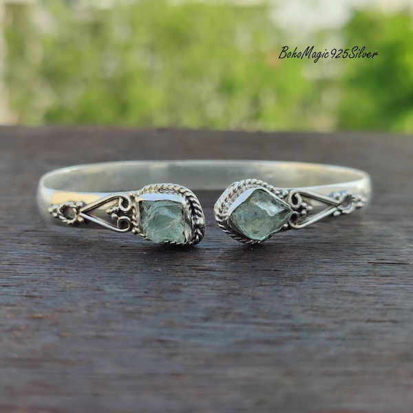 Pulsera de aguamarina cruda en plata de ley 925 - Pulsera de piedras preciosas hecha a mano
