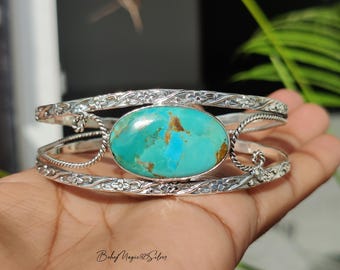 Handgemachter Kingman Türkis Sterling Silber Armreif: Boho Verstellbarer Damenschmuck