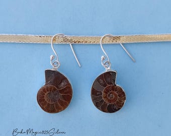 Sterling Silver Ammonite Earrings: Handmade Dangle Jewelry