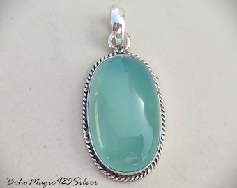Aqua Chalcedony Pendant: Oval Sterling Silver Necklace