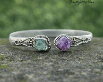 Roher Aquamarin & roher Amethyst 925er Sterlingsilber-Armreif, handgefertigtes Edelstein-Armband für Geschenk