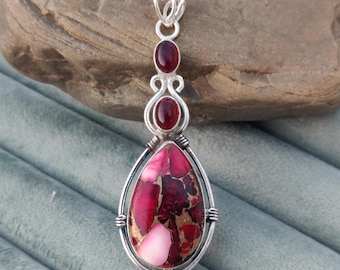 Red Rose Dahlia Turquoise Necklace: Sterling Silver Garnet Boho Pendant