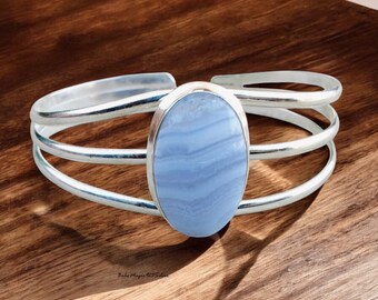 Handmade Blue Lace Agate Bangle: 925 Sterling Silver Bracelet