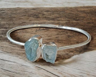 Raw Aquamarine Bangle, 925 Silver Bangle, Women Bangle, Raw Aquamarine Jewelry, Handmade Bracelet, Double Gemstone Bangle, Adjustable Fit