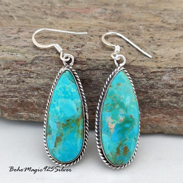 Boucles d'oreilles pendantes turquoises Kingman faites main, bijoux en argent sterling 925