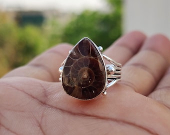 Handmade Ammonite Fossil 925 Sterling Silver Ring