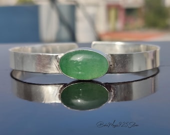 Handmade Chrysoprase Bangle: Oval Gemstone 925 Sterling Silver Bracelet