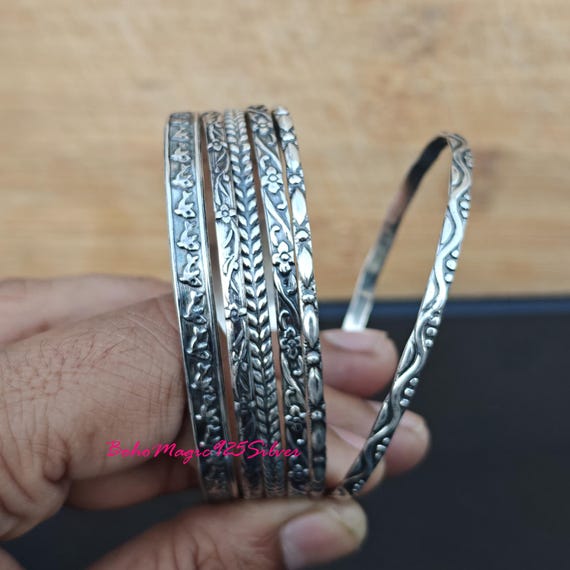 Handmade Sterling Silver Bangle Set: Etched Boho Stacking