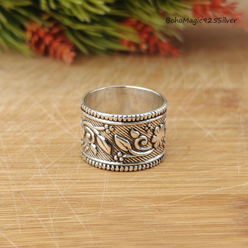 Handmade Floral 925 Sterling Silver Wide Band Ring - Etsy