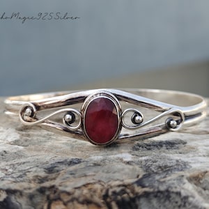 Natural Ruby Gemstone Cuff Bangle, Handmade Designer Bangle, Silver Adjustable Bangle, 925 Sterling Silver Bangle Bracelet, Birthday Gift