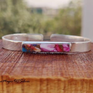 Bracelet-jonc fait main en forme d'huîtres épineuses turquoise rose : manchette en argent sterling 925