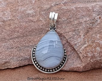 Handgefertigte Blaue Spitze Achat Anhänger: Sterling Silber Boho Schmuck