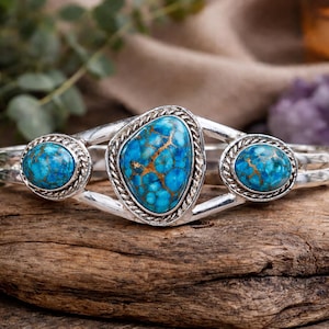 Handmade Kingman Turquoise Bangle: 925 Sterling Silver Boho Statement Jewelry BlueCopperTurquoise