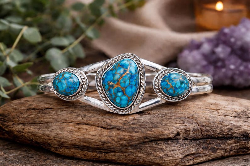 Handmade Kingman Turquoise Bangle: 925 Sterling Silver Boho Statement Jewelry BlueCopperTurquoise