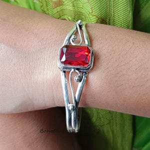 Handmade Silver & Garnet Gemstone Bangle Bracelet - Elegant Sterling Silver Jewelry with Rich Red Garnet - Perfect Gift for Her DSP123