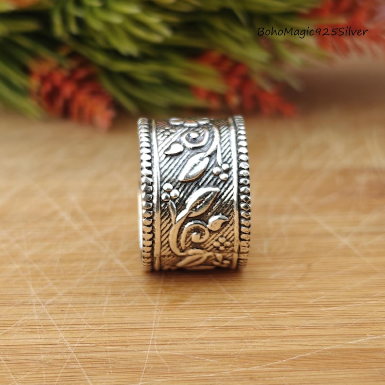 Handmade Floral 925 Sterling Silver Wide Band Ring - Etsy