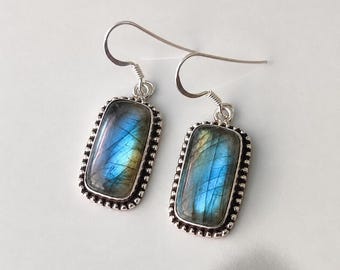 Blue Fire Labradorite Earrings, 925 Sterling Silver Jewelry, Rectangle Gemstone Dangle Earrings, Boho Artisan Gift Present