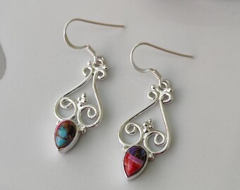 Pink Oyster Turquoise Sterling Silver Earrings: Handmade Earring, Women Gift Jewelry