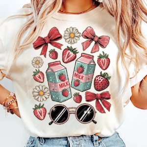 Retro Strawberry Coquette Bow PNG, Preppy Strawberries Png, Strawberry Festival Png, Boho Summer Png, Trendy Glitter Graphic Tee Png, DTG