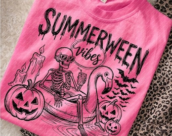 Summerween Vibes SVG, lustige Skelett Float Halloween Sommer Png, trendige gruselige Flamingo Pool Kürbisse Grafik T-Shirt Cricut digitaler Download