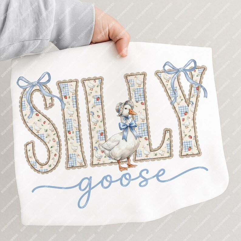 May include: White baby blanket featuring the words "SILLY goose" in blue script. The letters are decorated with a floral and gingham pattern, and a watercolor illustration of a goose wearing a bonnet and bow.
