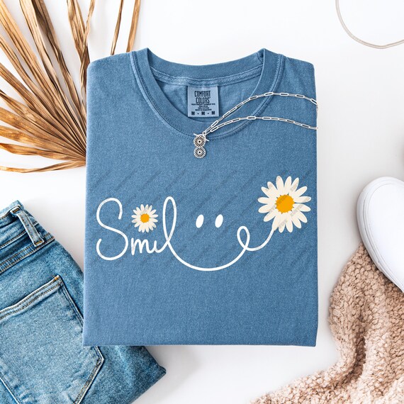 Smiley Daisy Png, Happy Face Bow Png, Emoji Smile Sign Png, Inspirational Png, Word Smile Png, Trendy Floral Sublimation Comfort Colors®