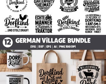Può includere: Una collezione di design a tema villaggio tedesco, tra cui grafica testuale e illustrazioni. I design sono mostrati su vari articoli come tazze, borse e una borsa di tela. Il testo include frasi come "Dorfkind" e "German Village Bundle".