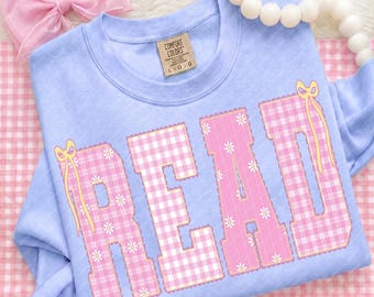 Pink Gingham Read PNG Coquette Bow Preppy Shirt Design, Daisy Floral Varsity Letter Sublimation, Lace Border Book Lover Librarian Gift DTF