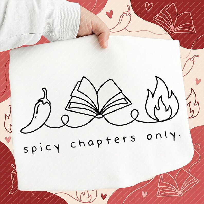 May include: White kitchen towel with a black line drawing of a chili pepper, an open book, and flames, connected by a curved line. The text "spicy chapters only" is below the drawing.