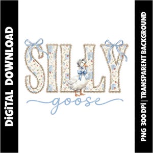 May include: A digital download graphic with the word "SILLY" in a decorative font, patterned with blue gingham and floral motifs. A watercolour goose wearing a bonnet and bow is next to the word. The word "goose" is written in a script font below.