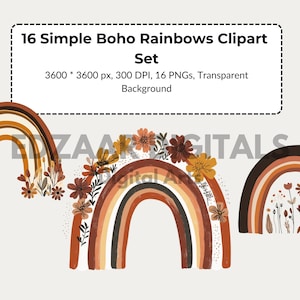16 eenvoudige boho-regenboogkunst, boho bloemen regenbogen clipartpakket, handgetekende aardetinten regenbogen en bloemen, bloemen regenbogen set.