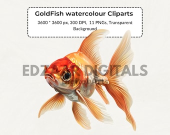 11 Goldfish Watercolor Clipart, Watercolor Clipart, Aquatic Illustration, Underwater Decor, Colorful Fish, Ocean Theme, Tropical Marine Clip