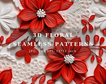 May include: A seamless pattern featuring red and white 3D paper flowers. The pattern is 12 inches by 12 inches and is 300 DPI.  3D Floral Seamless Patterns, JPG, 300 DPI, 12*12 inch
