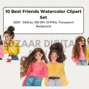 Set di 10 clipart acquerellate di migliori amiche, arte delle migliori amiche, illustrazioni di amicizia, arte di fidanzate carine, due ragazze, grafica di amicizia