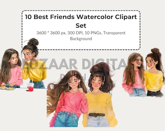 10 Beste Freunde Aquarell Clipart Set, Weiblich Besties Kunst, Freundschaft Illustrationen, Süße Freundinnen Kunst, Zwei Mädchen, Freundschaft Grafiken