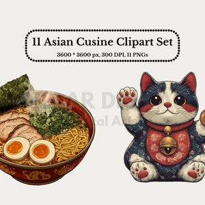 Pacote de clipart de comida asiática vintage - Ramen, bolinhos, sushi, chá de bolhas e muito mais | Adesivos digitais | Álbum de recortes | Uso comercial