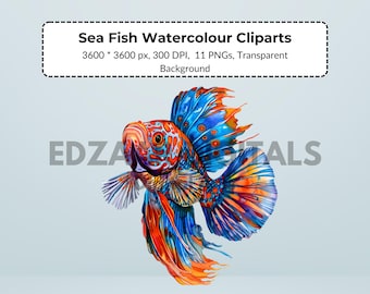 11 Sea Fish Clipart, sea Creatures, Ocean fish, Marine Illustration, Underwater Handmade Design, Nautical Aquatic Life, Watercolor Painting
