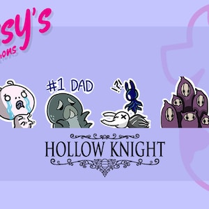 May include: Four digital stickers featuring characters from the video game Hollow Knight. The stickers are on a purple background with the text "Missy's Misscreations" and "Hollow Knight" in a decorative font. The stickers feature a crying baby, a sad-looking creature with the text "#1 Dad", a knight with a bug on its head, and a group of purple creatures.