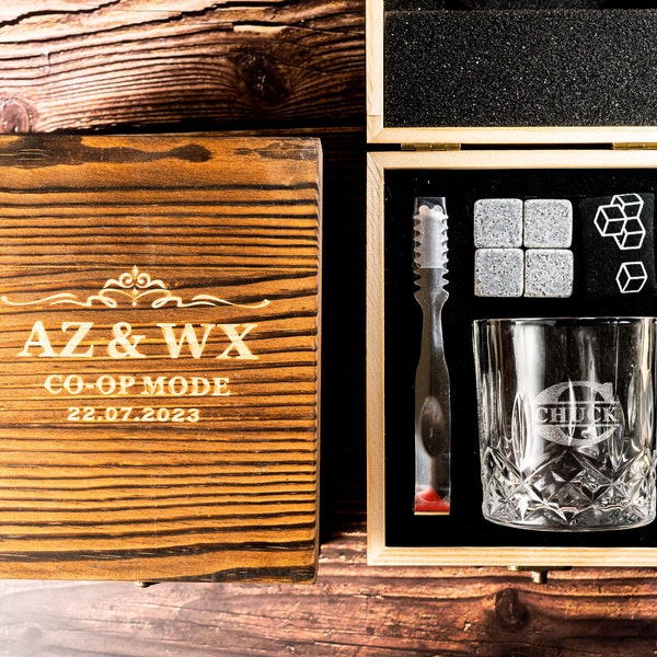 Ensemble de verres à whisky personnalisés avec pierres à whisky et boîte en bois, cadeau whisky personnalisé, cadeau de Noël pour employé, cadeau de pendaison de crémaillère