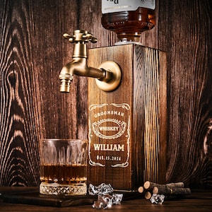 Personalized Wooden Liquor Dispenser: Engraved Bourbon, Whiskey Fountain