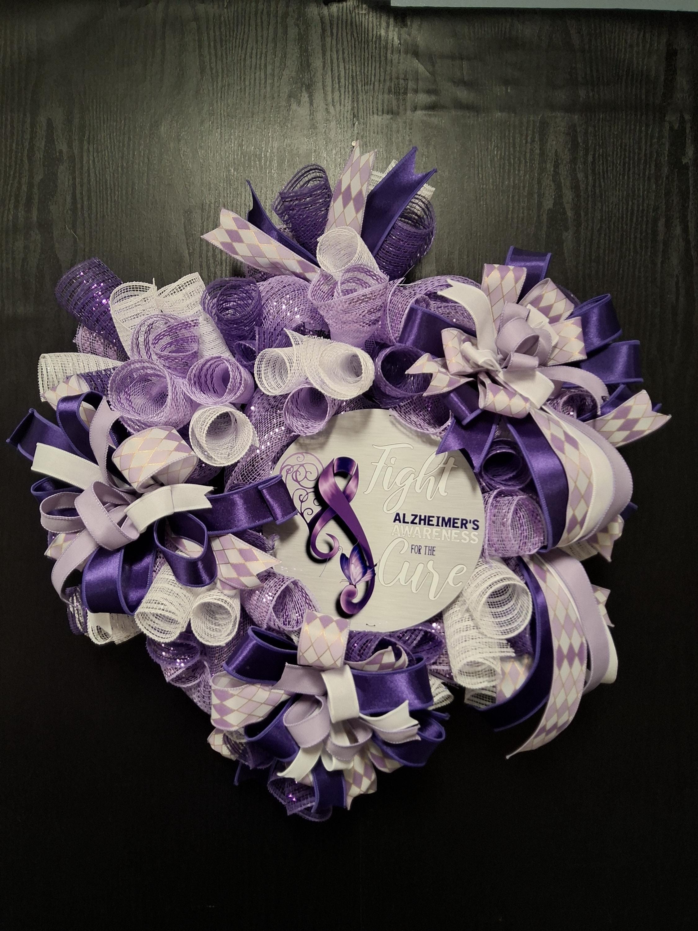 Alzheimer's Awareness Wreath for Front Door,Purple Ribbon Deco Mesh Wreath, Fight for a Cure Floral Home Decor,Purple & White Awarenes Gift